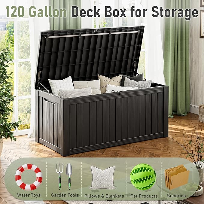 Outdoor Storage Box, 120 Gallon Deck Box, Resin Waterproof Outside Storage Bench, Outdoor Storage Cabinet With Lockable Lid, Backyard Deck Box For Garden Tools, Patio Cushions, Pool Accessories