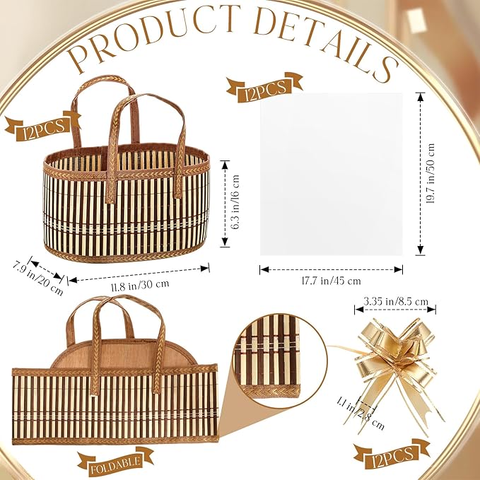 Reallnaive Baskets for Gifts Empty Sturdy Woven Bamboo Gift Basket with Gift Bags and Ribbons for Christmas Thanksgiving Birthday Mothers Day Housewarming Party Gift Wrapping, 12"x 8"x 6"(12 Set)
