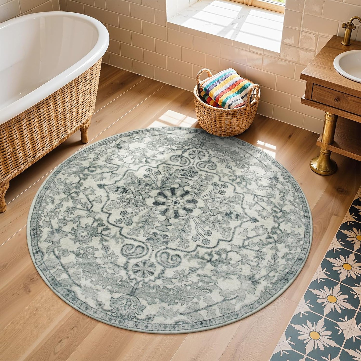 Lahome Bohemian Round Area Rugs, Washable Small Round Rug 3ft Soft Non-Slip Circle Rugs for Entryway, Low Pile Non-Shedding Print Indoor Carpet for Kitchen Laundry Bathroom, Beige
