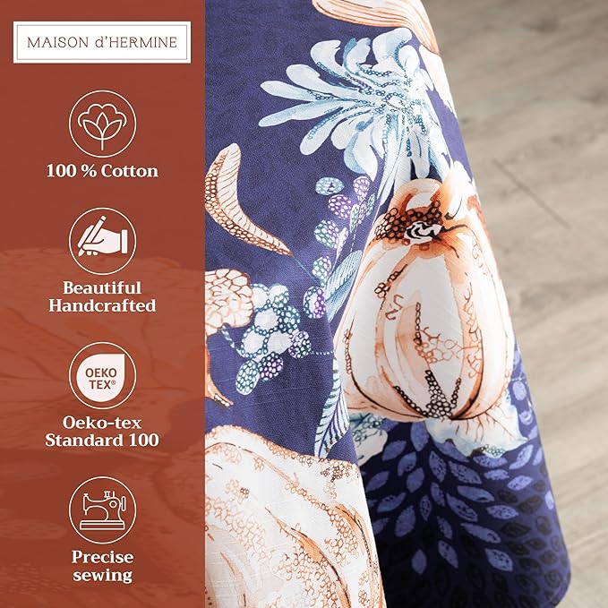 Maison d' Hermine Table Cloth Round Table 100% Cotton 63 Inches Fall Tablecloth Reusable Everyday Use for Thanksgiving Christmas Decorations Dining Farmhouse Party (Pumpkin Blues)