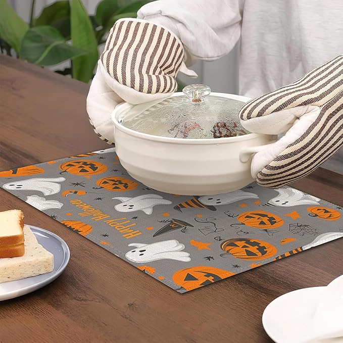 Placemats Set of 6,Pumpking Ghost Table Mats,Halloween Washable Linen Table Mats,Non-Slip Heat Resistant Placemats for Party Kitchen Dining Indoor Outdoor 12"x18"