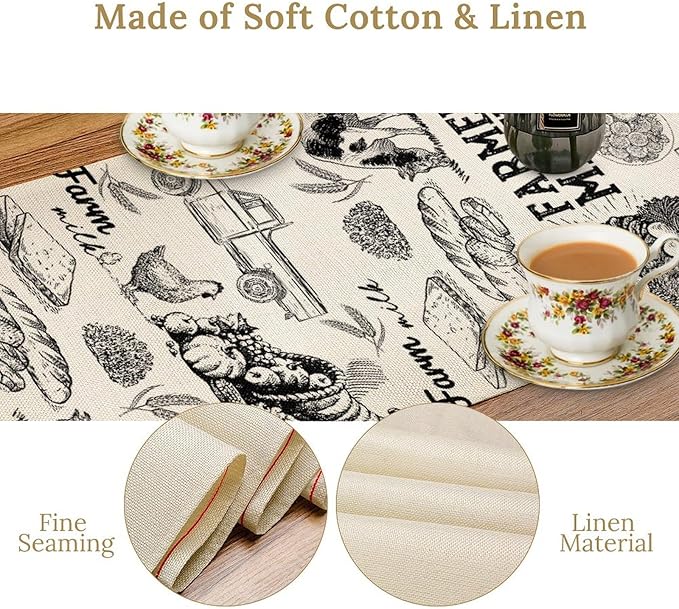 Farm Animals Table Runner, Rustic Farmhouse Cow Pig Rooster Watercolor Coffee Table Center Decor for Home Kitchen Dining Patio Holiday Party Indoor Outdoor Table Decorations, 13"x90" Inch