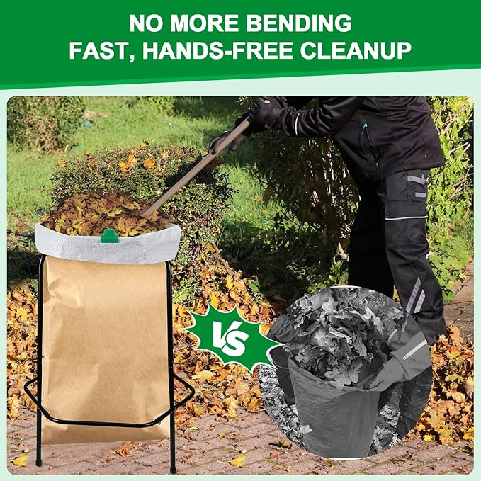 Aobiono Leaf Trash Bag Holder Stand, Garbage Bag Support Frame for 30-55 Gallon Lawn Bags, for Yard Kitchen Garden Outdoor Camping Waste, with Reusable Bag Clips, Heavy Duty (Black)