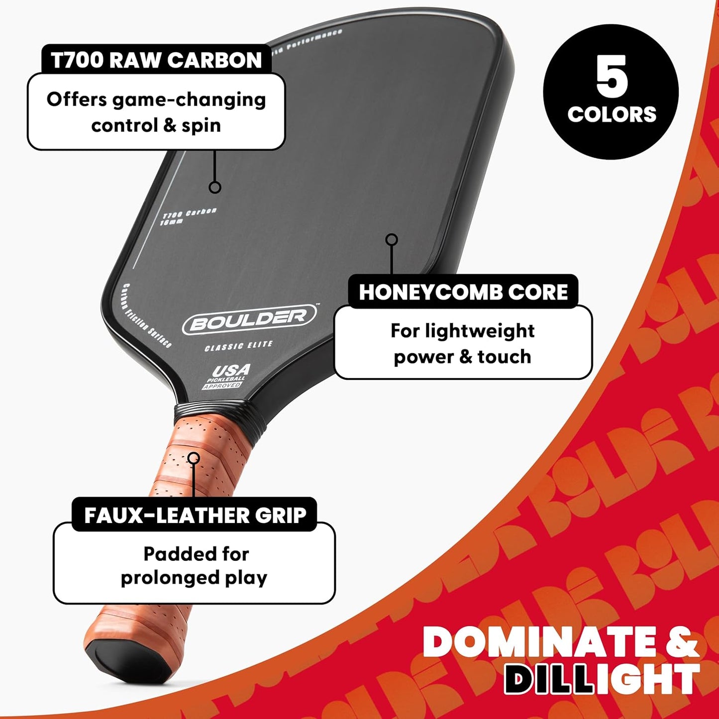 Boulder Carbon Fiber Pickleball Paddle | T700 Carbon Fiber | USAPA Approved, with Honeycomb Polymer Core | Pickleball Racket for Beginner & Experienced Players
