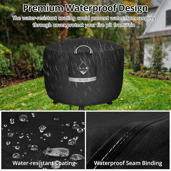 QH.HOME Fire Pit Cover Round Super Waterproof, 36" D X 24" H Outdoor Firepit Cover 600D Strong Tear Resistant, Premium Fading Resistant for Gas Fire Pit