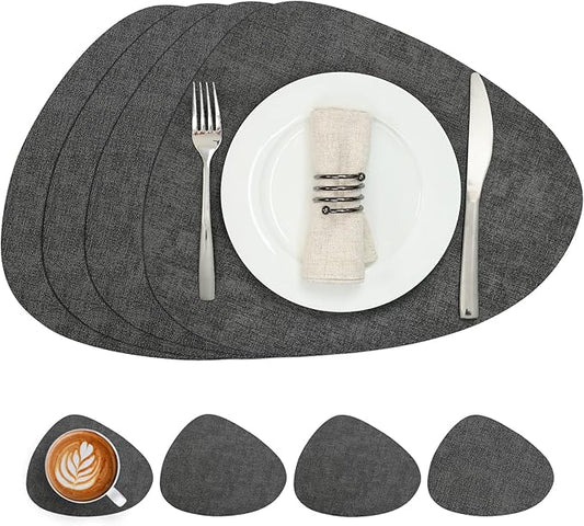 Placemats and Coasters, Washable Reversible Placemats Round Faux Leather Wipeable Place Mats Non Slip Heat Resistant Indoor Outdoor Table Mats (Set of 4, Gray)