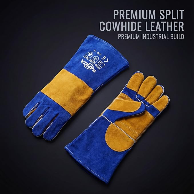 RAPICCA Welding Gloves Fire Heat Resistant: Blue 16IN 932℉ - Fireproof Leather For Stick Mig Flux-Core Welder Forge Blacksmith Fireplace Wood Stove Fire Pit Grill Oven Furnace Handling Dry Ice