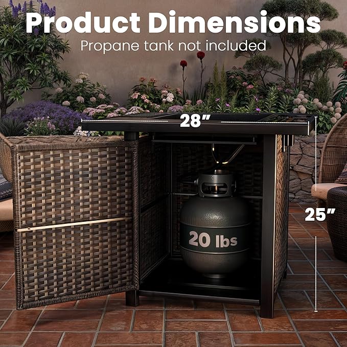 Propane Outdoor Fire Pit Table, 28" Rattan Square Fire Pit Table, Outdoor Gas FirePit W/Glass Wind Guard, Tempered Glass Tabletop, Lid, CSA Listed, 50,000 BTU, Outside Patio Deck & Garden, Brown