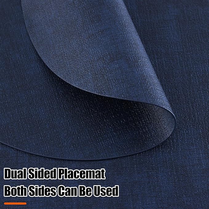 Homaxy Round Faux Leather Placemats and Coasters, Washable Dual-Side Table Mats, Wipeable Heat-Resistant Dining Place Mats for Outdoor and Indoor, Set of 4, Diameter 13 and 3.93 inch, Navy Blue