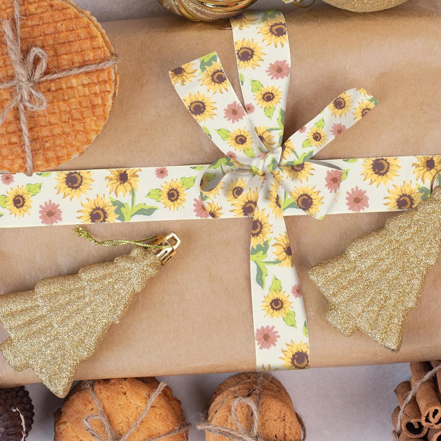 2 Rolls Fall Flowers Craft Ribbons for Wreath Bows, 2.5"×10 Yards Wired Edge Ribbon Rustic Flowers Lace Burlap Ribbons for Crafting Sewing Supplies