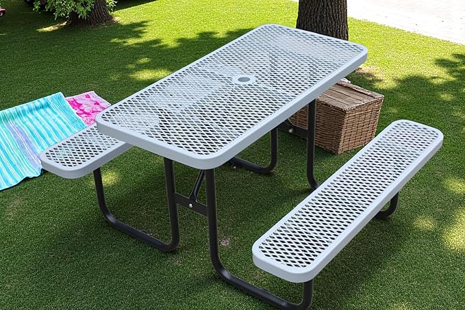 6 FT Heavy Duty Picnic Table with 2 Benches, Expanded Metal Outdoor Patio Dining Table with Umbrealla Hole Commercial Picnic Table,Rectangular Table Furniture Set for Garden, Lawn, Parks