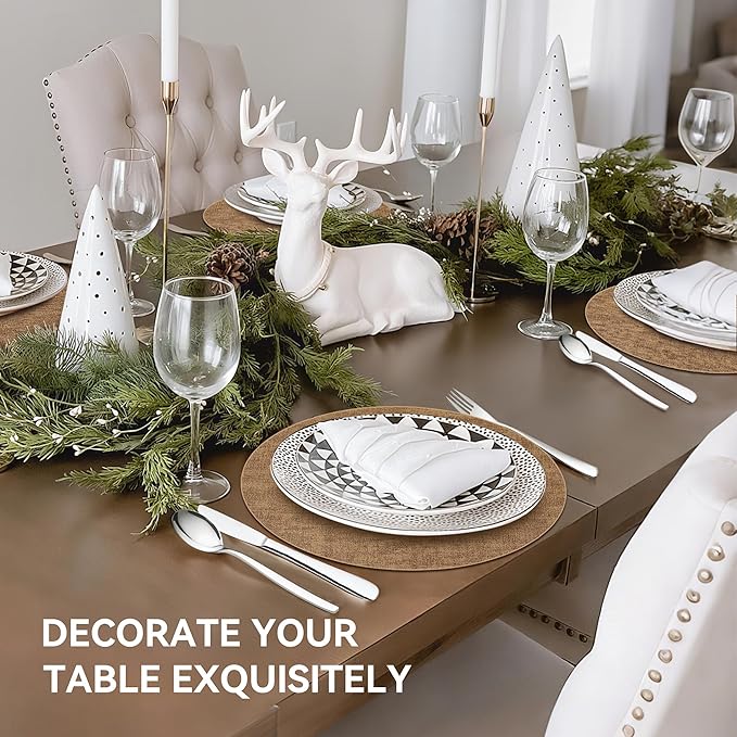 13" Round Placemats Set of 8, Reversible Faux Leather Heat Resistant Table Mats, Waterproof Oilproof Wipeable Table Protective Placemats for Vinyl, Washable for Indoor & Outdoor Use (8, Light Brown)