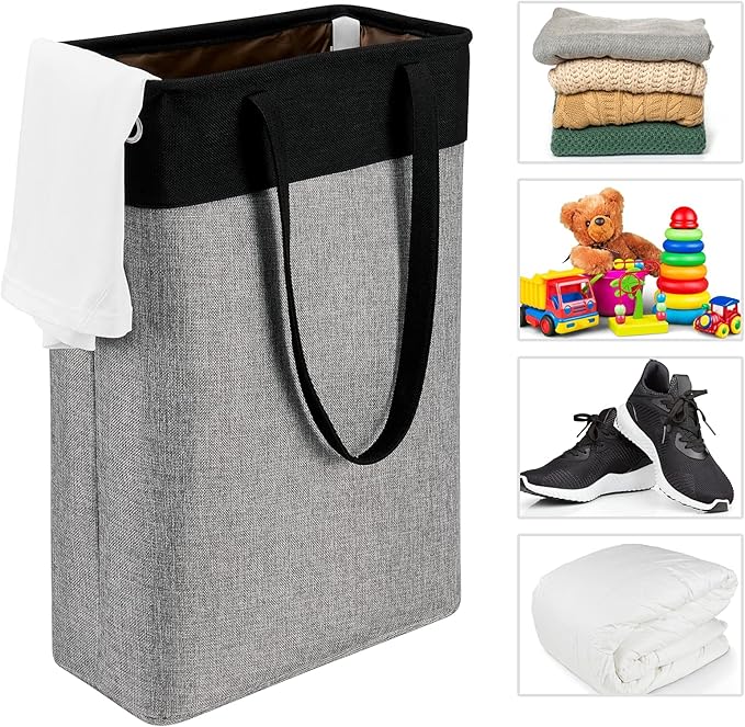 Laundry Hampers 15.2Lx7.5Wx23H Small&Tall Slim Fabric Laundry Baskets Thin Narrow Black+Gray Compact Hamper Capacity 43L for Space-Saving,QY-SC23-2