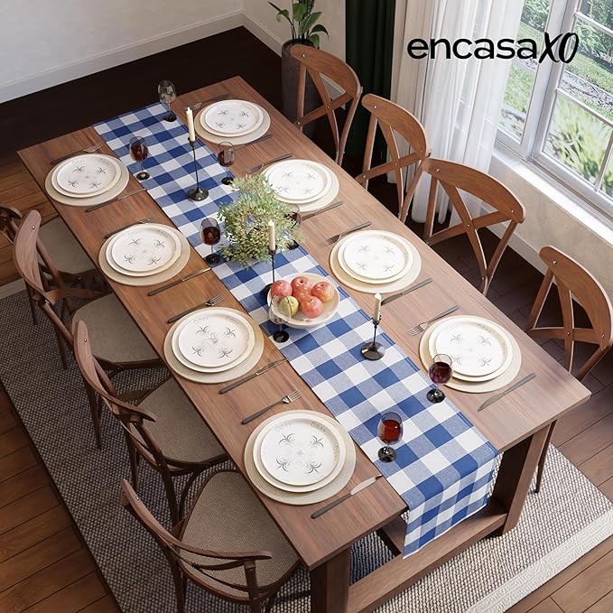 Encasa XO Cotton Dining Table Runner | Buffalo Blue Checks | Size 13x72 in - Machine Washable & Durable