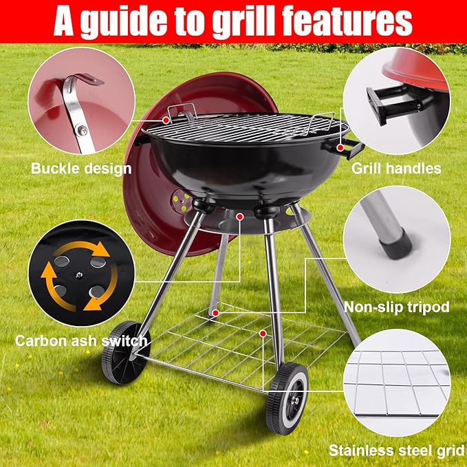 Charcoal Grills - 18 inch Portable Grills, insulated lid bbq grills, camping, picnics and backyards,red