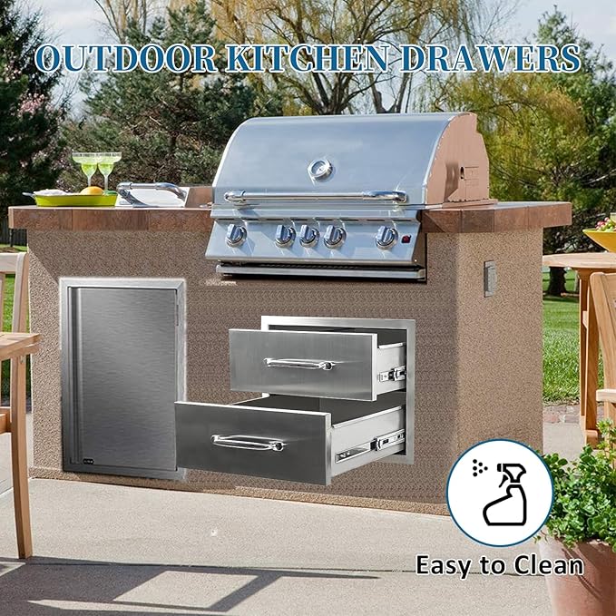 Outdoor Kitchen Drawers 18"Wx15"Hx23"D Flush Mount Access 2-Drawer BBQ Stainless Steel Drawers with Handle for Outdoor Kitchen Island or Grill Station