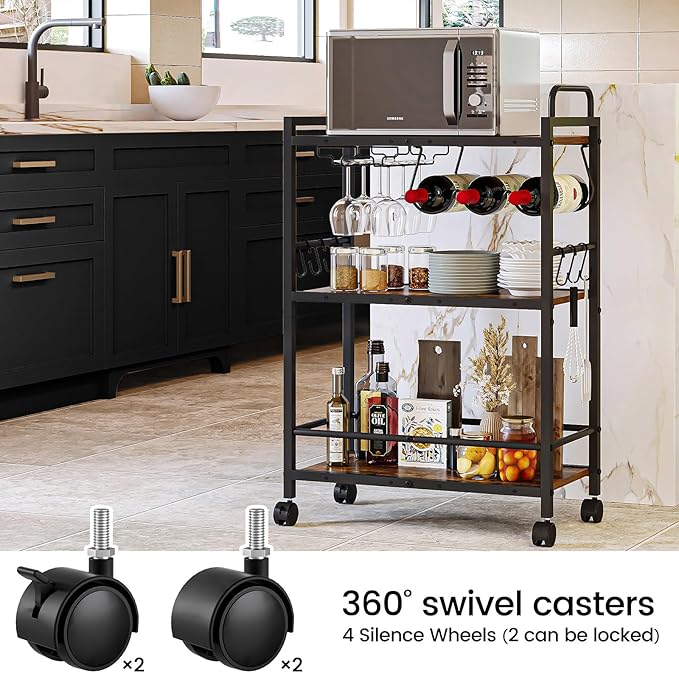 Bar Cart, Serving Cart for Home, Microwave Cart, Drink Cart, Mobile Kitchen Shelf with Wine Rack and Glass Holder, Rolling Beverage Cart for Dining Room(Rustic Brown and Black)
