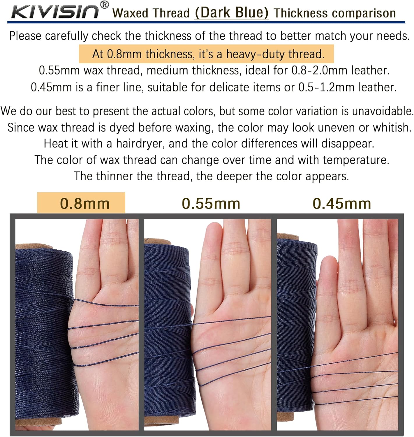 Heavy Duty Round Waxed Thread 0.8mm, 218 Yards, Dark Blue, Bonded Thick Polyester Wax Coated Cord for Leather Sewing, Upholstery, Whipping Twine, Basket Weaving and Macrame Making