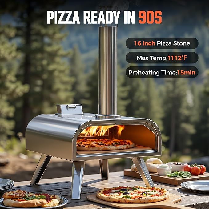 BIG HORN OUTDOORS 16" Woodfire Pizza Stone Oven, 1112°F Outdoor Stainless Pizza Cooker, Portable for Party Usage, Sliver