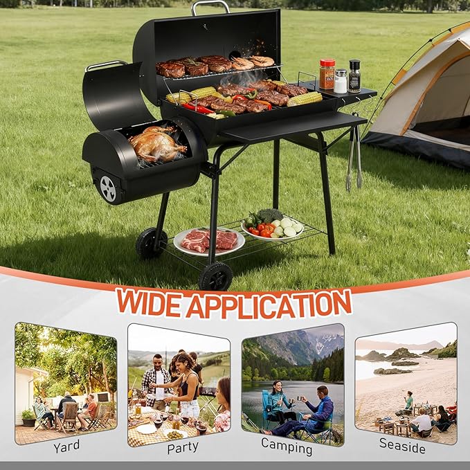 VINGLI Barrel Charcoal Grill with Offset Smoker, Built-in Lifting Carbon Mesh, Large Charcoal Barbecue Smoker Grill Combo for Outdoor Backyard Patio Camping Parties 52 × 20 × 44 inch