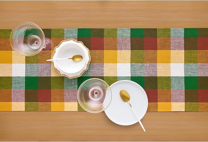 Solino Home Linen Table Runner 48 Inches - 100% Pure Linen Fall Multicolor Buffalo Check Short Table Runner 14 x 48 Inch Ideal for Dresser and Coffee Tables