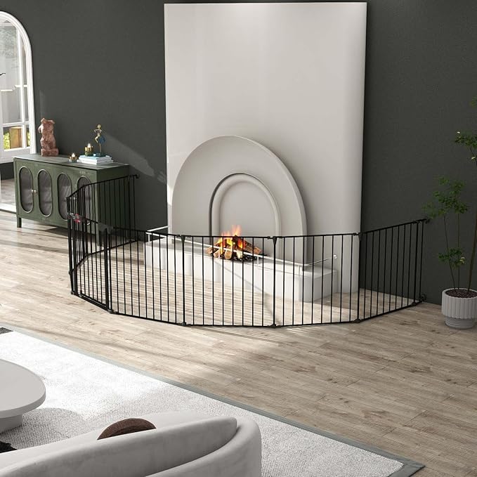 8-Panel Configurable Metal Safety Gate Play Yard - 200" Adjustable Pet Fence with Walk-Through Door for Stairs, Fireplace, Christmas Tree - Indoor Foldable Child Barrier, Black