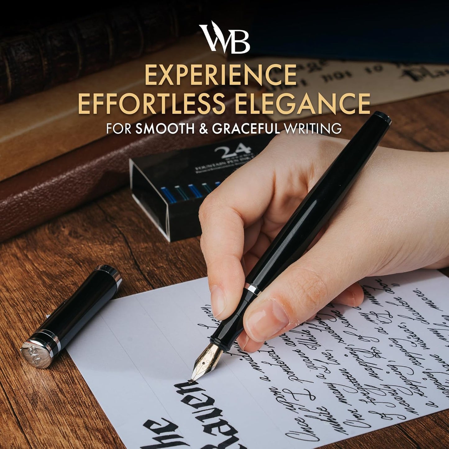 Wordsworth & Black Fountain Pen Set, Bent Nib, Includes 24 Pack Ink Cartridges, Ink Refill Converter & Gift Box, Chrome Finish, Calligraphy, [Black Chrome], Perfect for Men & Women