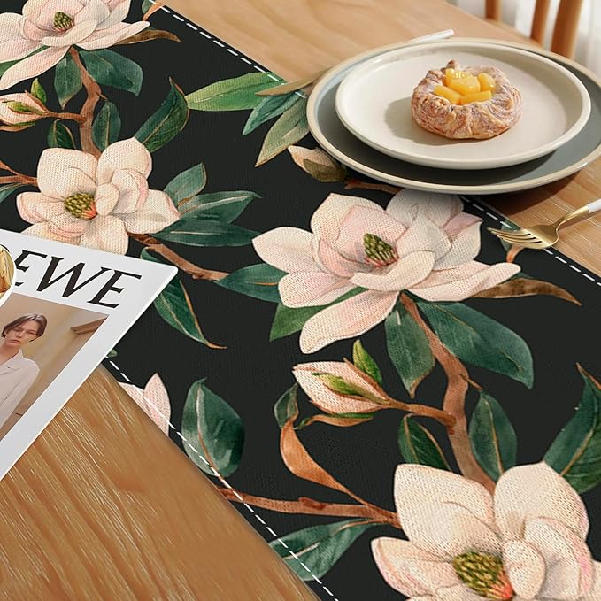 Table Runner White Magnolia Flowers Table Runners Summer Seasonal Kitchen Dinning Decor for Indoor Outdoor Holiday Home Wedding Party 13x70 Inch