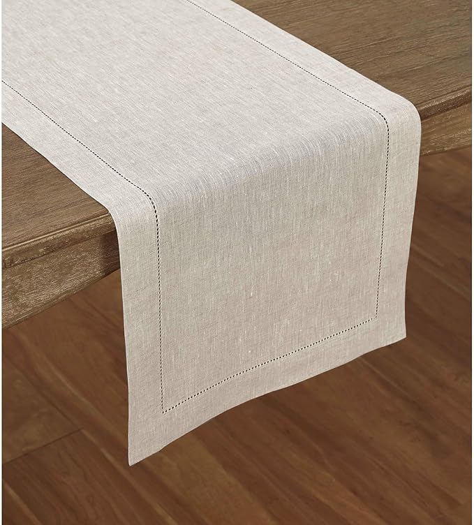 Solino Home Linen Light Natural Table Runner 90 Inches Long - 100% Pure Linen 16 x 90 Inch Table Runner for Spring, Easter - Classic Hemstitch