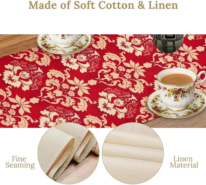 Damask Table Runner, Rustic Gothic Red Baroque Style Floral Boho Flower Antique Vintage Retro Coffee Table Center Decor for Kitchen and Dining Outdoor Home Country Party Table Decorations, 13"x36"