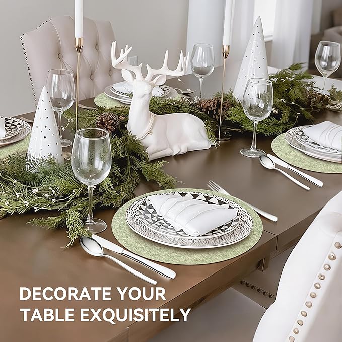 13" Round Placemats Set of 4, Reversible Faux Leather Heat Resistant Table Mats, Waterproof Oilproof Wipeable Table Protective Placemats for Vinyl, Washable for Indoor & Outdoor Use (4, Light Green)