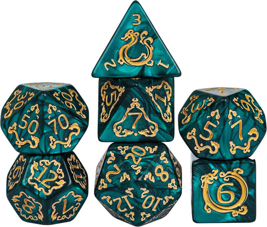 7-Die DND Dice Set Dragon Pattern Polyhedral Die with Leather Bag D&D Dice Set for RPG Table Games (Green W/Gold Dragon Pattern)