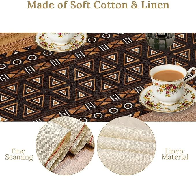 African Table Runner, Geometric Motifs Southwestern Native Tribal Ethnic Table Runner for Dining Kitchen Farmhouse Party Coffee Home 13x60in