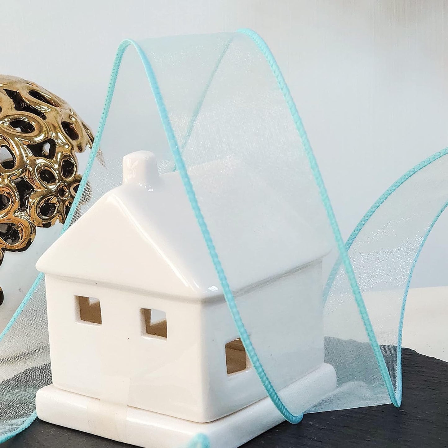 CT CRAFT LLC Sheer Organza Wired Ribbon 1.5" x 50Yards Blue for Wedding Chair Bow Flora Bouquet Gift Wrapping Christmas Tree Home Decor Wreath