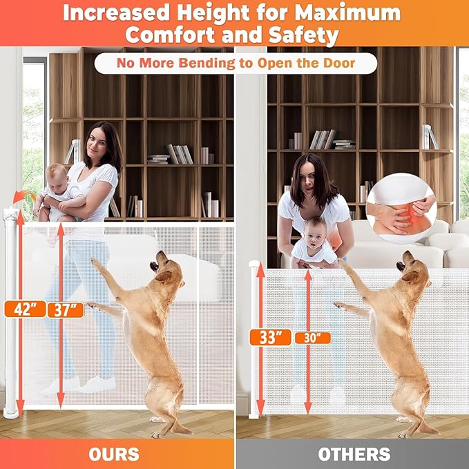 160" Retractable Baby Gates Extra Wide Dog Gate, Long Child Safety Gate, 37" Tall Toddler Pet Gate Mesh Gate with Reinforced Strips for Doorways, Stairs, Hallways, Outdoor & Indoor Large Openings
