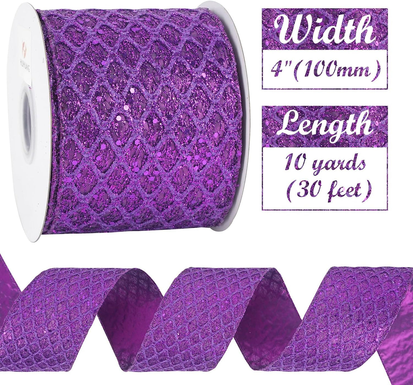 HUIHUANG Purple Wired Christmas Ribbon 4 inch Purple Glitter Wired Ribbon Diamond Mesh Wire Ribbon for X-mas Tree Decorations, Wreaths, Garland, Large Bows Making, Home Decor -10 Yards