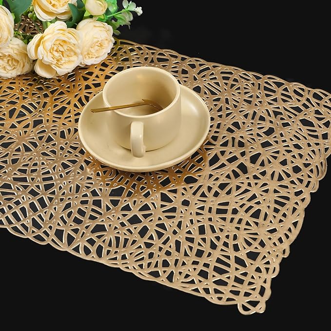 FAVE Gold Table Runners 36 Inches Heat Resistant Table Runner Flower Shaped Short Table Runner Washable Table Mats FallTable Runner for Wedding, Banquet, Birthday, Party, Restaurant (Line Pattern )