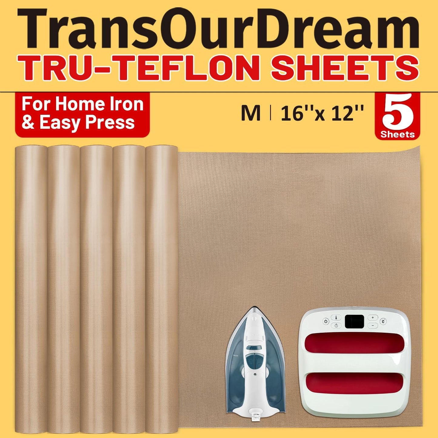 TransOurDream 5 Pack PTFE Teflon Sheets M Size 16 x 12" Ironing Protecter and Sublimation Paper Heat Transfer Paper Reusable Heat Resistant Craft Mat