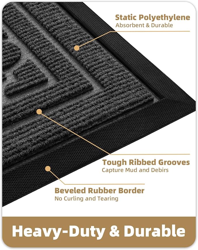 Color&Geometry Front Door Mat Outside Entrance, Heavy Duty Non Slip Low Profile Doormat for Entryway, Trap Dirt and Moisture Welcome Mats All-Weather, Easy Clean, Patio, Garage, 24"x48" Grey