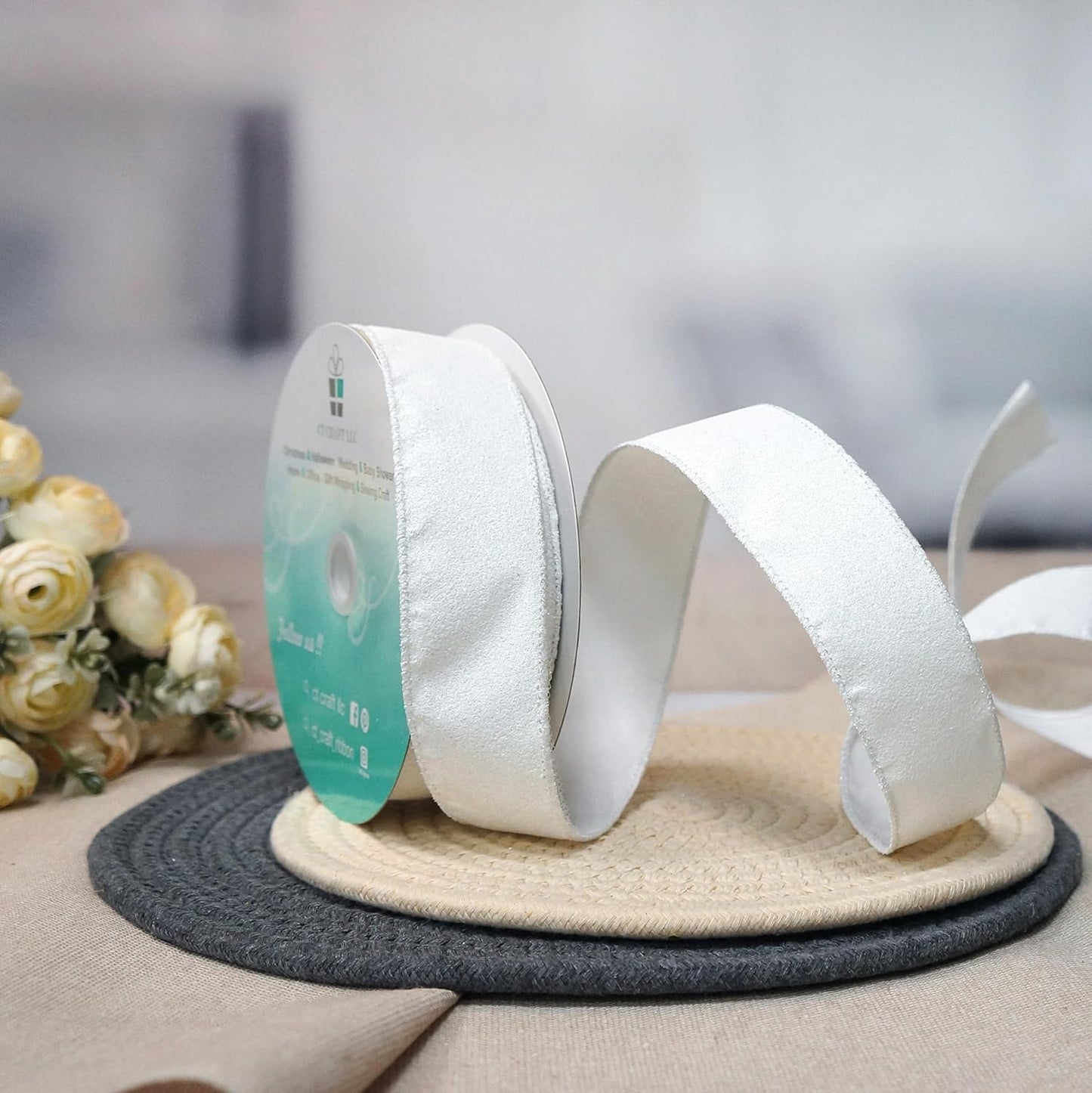 CT CRAFT LLC Glitter Wired Ribbon 1.5" x 20 Yards White for Christmas Home Decor Bow Gift Wrapping DIY Crafts Wreath