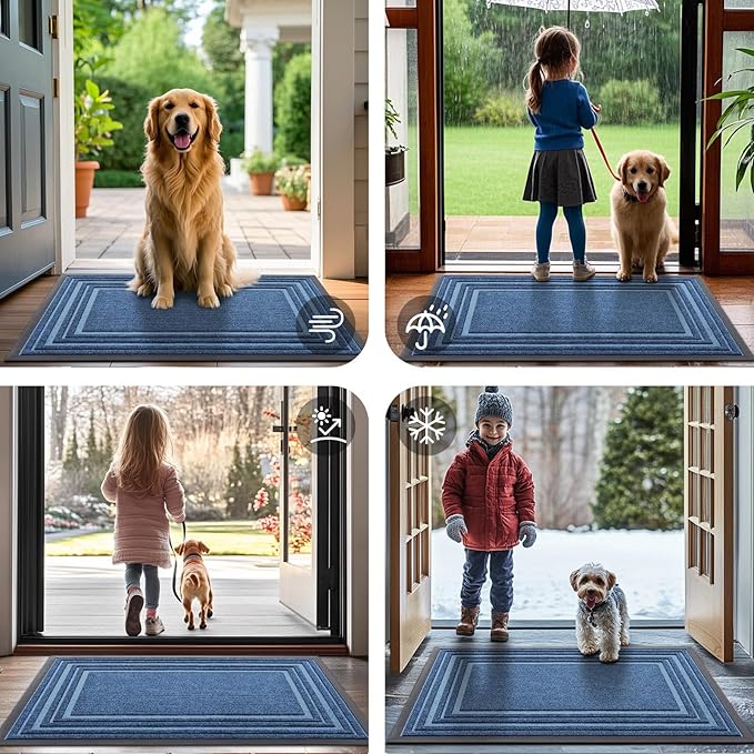 Buganda Front Door Mat Indoor Outdoor Entrance, Non-Slip Natural Rubber Doormats, Easy Clean, Low Profile, Dirt Trapper Entryway Floor Mats for Outside, Garages and Patios, 47x32, Light Blue