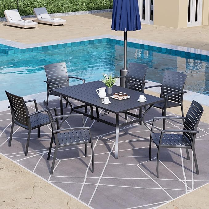 Vrivla Outdoor Dining Table, Rectangular Patio Table with Slatted Top with Black Metal Frame for 6 Person