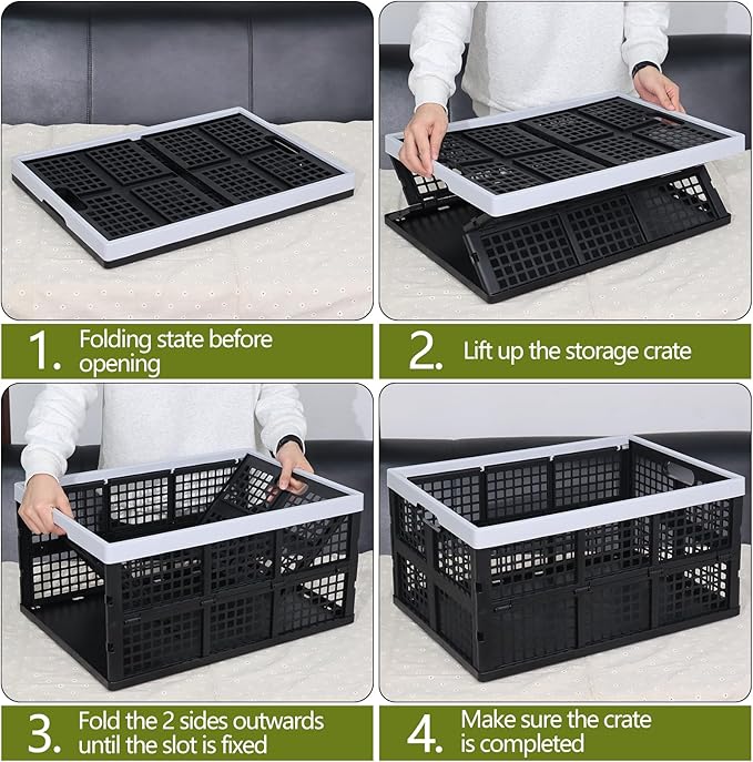 4 Pack Collapsible Plastic Storage Crates, Utility Folding Milk Crates, Folding Basket, 66 L