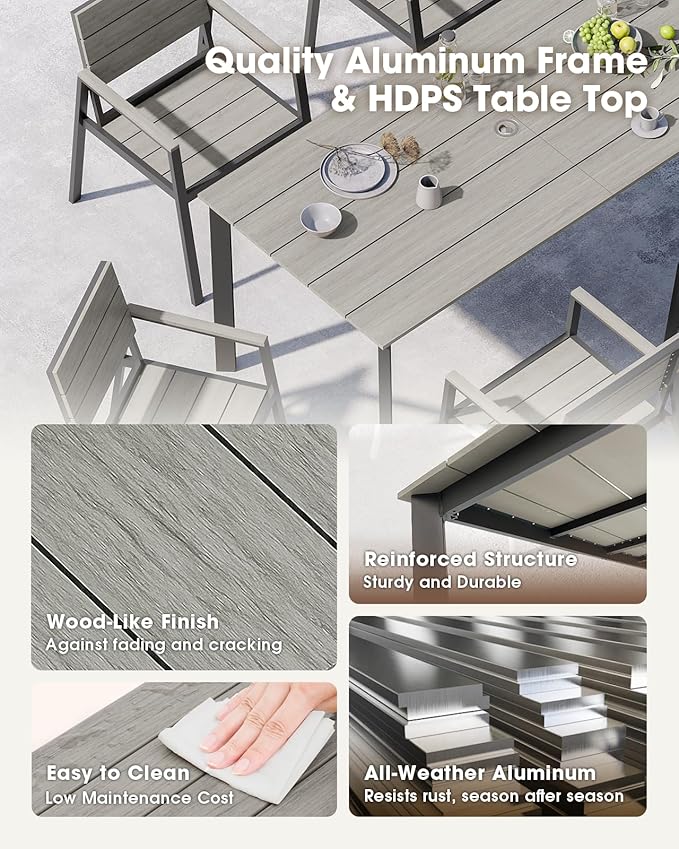 Outdoor Patio Dining set for 4，Aluminum & HDPS 5 Piece Patio Table and Chairs Set with Umbrella Hole, Modren Rectangular Patio Furniture Set with All-weather Table and 4 chairs (Classic Gray)