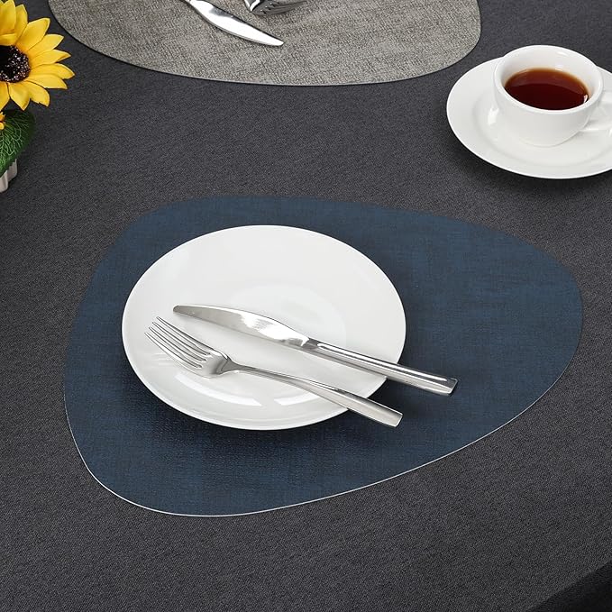 Placemats and Coasters, Washable Reversible Placemats Round Faux Leather Wipeable Place Mats Non Slip Heat Resistant Indoor Outdoor Table Mats (Set of 4, Gray Blue)