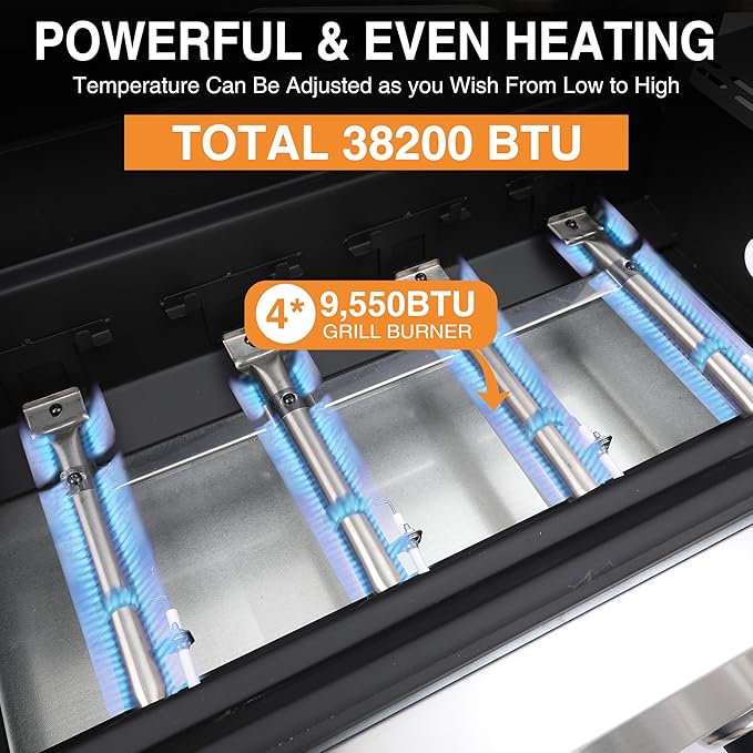 4 Burner Gas Grills Outdoor Cooking Propane Gas Grill BBQ Grill Portable Barbecue Grills with Cast Iron Grate, Pan and Folding Side Table 40000 BTU Output Easy-Clean
