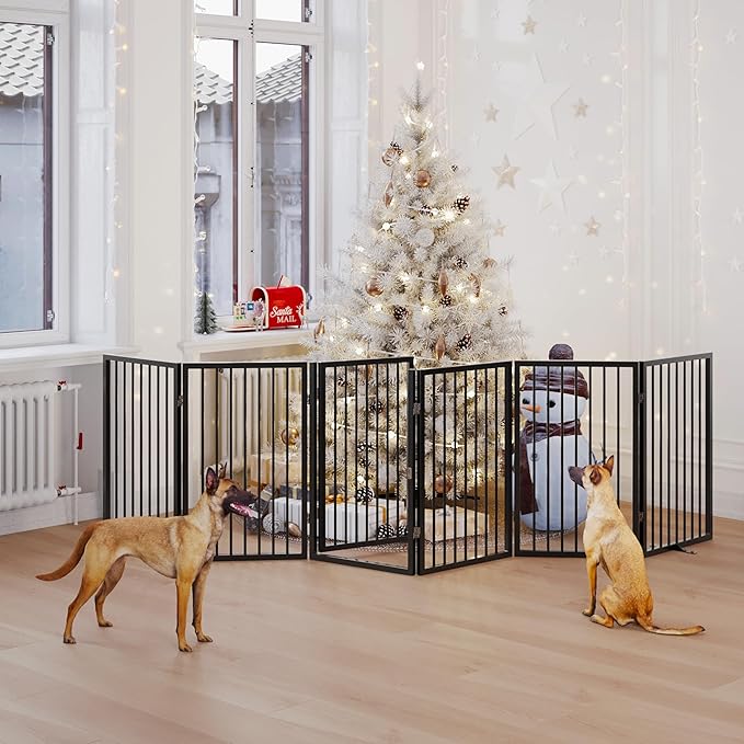 Vantas Folding No-Assembly Metal Pet Gate 120" Wide, 24" Extra Tall Dog Gate with Door Walk Through, Freestanding Accordion Puppy Gate Dog Door for Indoor & Outdoor, with 2PCS Support - Black