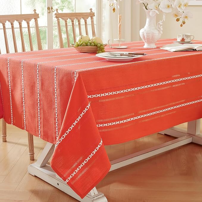 Chassic 60 x 84 inches Farmhouse Style Linen tablecloths, Wrinkle Resistant Washable Dining Room Table Cloths for Rectangle Tables - Hemstitch Maple Orange