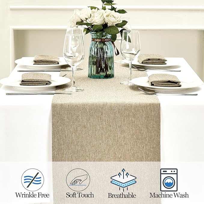 Mebakuk Linen Farmhouse Table Runner Large Burlap Style Soft and Waterproof Decorative Fabric Runner for Outdoor Wedding and Dinner (14 x 60 Inch, Mocha)