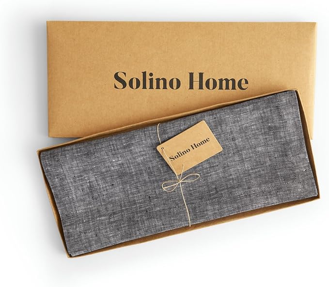 Solino Home Linen Table Runner 72 Inches Long - Athena, 100% Pure Linen Chambray Black Table Runner 14 x 72 Inch for Dining, Winter